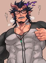Rule 34 | 1boy, abs, bara, beard, black hair, chun (luxtan), covered abs, covered erect nipples, demon boy, facial hair, fang, fiery horns, glasses, horns, jewelry, large pectorals, long sideburns, looking at viewer, male focus, muscular, necklace, nipple stimulation, nipple tweak, pectorals, sexually suggestive, shirt, sideburns, simple background, smile, solo, stubble, takemaru (housamo), tight clothes, tight shirt, tokyo houkago summoners, tweaking own nipple, v-neck