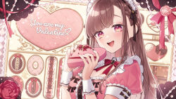 Rule 34 | 1girl, :d, bow, bowtie, box, brown hair, brown nails, english text, flower, frills, goshi-san, heart, heart-shaped box, highres, holding, long hair, looking at viewer, multicolored nails, nail polish, open mouth, original, pink eyes, pink nails, red bow, red bowtie, rose, short sleeves, smile, solo, swept bangs, teeth, upper body, upper teeth only, valentine, wrist cuffs