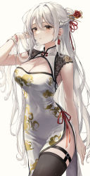 Rule 34 | 1girl, absurdres, bare arms, bare shoulders, between legs, black thighhighs, blush, bow, braid, breasts, china dress, chinese clothes, commentary, covered navel, dress, ekina (1217), floral print, flower, flower knot, grey eyes, hair bun, hair ornament, hair ribbon, hairpin, halterneck, hand in own hair, highres, long hair, looking at viewer, medium breasts, no panties, original, pelvic curtain, red bow, red ribbon, ribbon, side slit, single hair bun, sleeveless, sleeveless dress, solo, standing, symbol-only commentary, taut clothes, taut dress, thighhighs, thighs, very long hair, white background, white dress, white hair, wrist cuffs