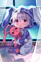 Rule 34 | 1girl, animal hood, bad id, bad pixiv id, blush, character request, copyright request, holding, holding stuffed toy, hood, indoors, kneeling, looking at viewer, male focus, mole, mole under eye, open mouth, pink eyes, rabbit hood, sitting, solo, stuffed animal, stuffed rabbit, stuffed toy, window, yuja