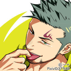 Rule 34 | 1boy, commentary request, facial hair, green eyes, green hair, green shirt, hood, hoodie, itto (mentaiko), lowres, male focus, original, portrait, profile picture, shirt, smile, tattoo, tongue, tongue out