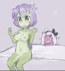 Rule 34 | 2girls, ahoge, bad id, bad tumblr id, breasts, colored skin, freckles, frog girl, green skin, hair ornament, hairband, hairclip, loliswitch, long hair, monster girl, multiple girls, nipples, nude, original, peeking out, perky breasts, pink skin, ponytail, purple hair, rollingswitch, short hair, simple background, sitting, sketch, thumbs up, white hair, yellow eyes, | |