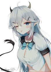 Rule 34 | 1girl, ;p, ahoge, aties20, black sailor collar, blue bow, blue eyes, bow, collarbone, commentary request, ear piercing, grey hair, hair between eyes, hair ornament, hairclip, heart, horns, indie virtual youtuber, long hair, looking at viewer, one eye closed, piercing, pointy ears, puffy short sleeves, puffy sleeves, sailor collar, school uniform, serafuku, shirt, short sleeves, simple background, solo, striped, striped bow, tail, tongue, tongue out, upper body, vei (vtuber), vei (vtuber) (11th costume), very long hair, virtual youtuber, white background, white shirt