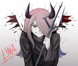 Rule 34 | 1girl, black wings, bright pupils, copyright name, demon girl, demon horns, gradient background, gradient hair, hair over one eye, half-closed eye, highres, holding, holding weapon, horns, little witch academia, long hair, long sleeves, looking at viewer, multicolored hair, open mouth, orinpachu, pale skin, pink hair, polearm, purple hair, red eyes, robe, sharp teeth, solo, sucy manbavaran, teeth, trident, uneven eyes, upper body, weapon, white background, wings