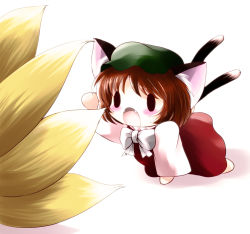Rule 34 | 1girl, animal ears, barefoot, blush stickers, cat ears, cat girl, cat tail, chen, chibi, fangs, female focus, fox tail, green headwear, hat, highres, multiple tails, simple background, solo focus, tail, touhou, yakumo ran, yume shokunin