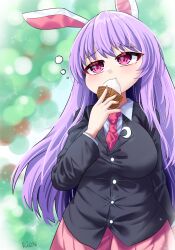 Rule 34 | 1girl, animal ears, blazer, breasts, commentary, cowboy shot, crescent, crescent moon, crescent pin, eating, english commentary, food, highres, holding, holding food, jacket, long hair, mochi, moon, necktie, purple hair, rabbit ears, rabbit girl, red eyes, red necktie, reisen udongein inaba, rion (user ufvg8527), signature, skirt, solo, sparkle background, squeans, touhou
