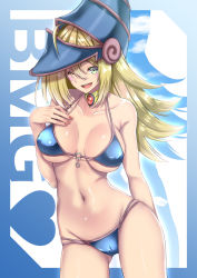 Rule 34 | 1girl, ;d, arm behind back, bare shoulders, bikini, blonde hair, blue bikini, blush stickers, breasts, breasts apart, character name, choker, cleavage, collarbone, colored shadow, commentary request, covered erect nipples, cowboy shot, dark magician girl, drop shadow, duel monster, eyebrows hidden by hair, gluteal fold, green eyes, groin, hair between eyes, hand on own chest, hat, heart, highres, large breasts, long hair, looking at viewer, midriff, nail polish, navel, one eye closed, open mouth, red nails, shadow, sidelocks, signature, skindentation, smile, solo, standing, swimsuit, takecha, teeth, underboob, upper teeth only, white background, wizard hat, yu-gi-oh!