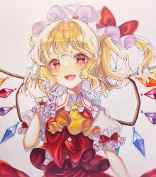 Rule 34 | 1girl, :d, ascot, blonde hair, blush, bow, collared shirt, colored pencil (medium), crystal, fang, fingernails, flandre scarlet, frilled shirt collar, frills, hand up, hat, hat bow, highres, looking at viewer, medium hair, mob cap, open mouth, puffy short sleeves, puffy sleeves, red bow, red eyes, red skirt, red vest, rukuthii45, shirt, short sleeves, simple background, skirt, skirt set, smile, solo, touhou, traditional media, upper body, vest, white background, white hat, white shirt, wings, wrist cuffs, yellow ascot