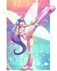 Rule 34 | 1girl, armor, ass, boots, bra, breasts, character name, clenched hands, curvy, digimon, digimon (creature), facepaint, facial mark, fairimon, fairy, fairy wings, garter straps, gauntlets, gloves, gluteal fold, groin tendon, hairband, head wings, highres, kicking, leg up, long hair, mask, medium breasts, navel, open mouth, panties, pink bra, pink hairband, pink headwear, pink panties, purple hair, revealing clothes, shiny skin, shoulder armor, smile, solo, standing, standing on one leg, teeth, thigh boots, tongue, underwear, very long hair, visor (armor), wide hips, wings