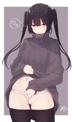 Rule 34 | 1girl, ahoge, bad id, bad pixiv id, black hair, black pantyhose, black sweater, blush, closed mouth, clothes lift, clothes pull, commentary request, cowboy shot, gluteal fold, grey background, heart, heart print, highres, lifted by self, long hair, long sleeves, looking at viewer, navel, original, panties, pantyhose, pantyhose pull, partially visible vulva, print panties, purple eyes, ramchi, signature, simple background, smile, solo, speech bubble, spoken heart, stomach, sweater, sweater lift, turtleneck, turtleneck sweater, twintails, underwear, wedgie, white panties
