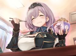 Rule 34 | 1girl, armor, black gloves, blush, bowl, breast rest, breastplate, breasts, breasts on table, chewing, chopsticks, circlet, cleavage, cleavage cutout, closed eyes, closed mouth, clothing cutout, commentary, eating, fingerless gloves, food, foodgasm, from below, gloves, gold trim, gyuudon, highres, holding, holding bowl, holding chopsticks, hololive, indoors, kztk, large breasts, medium hair, restaurant, shirogane noel, shirogane noel (1st costume), shoulder armor, silver hair, solo, table, virtual youtuber