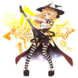 Rule 34 | 1girl, :d, adapted costume, album cover, alternate costume, blonde hair, bow, braid, cover, electric guitar, female focus, guitar, hat, hat bow, instrument, kirisame marisa, long hair, open mouth, single braid, smile, solo, star (symbol), striped clothes, striped thighhighs, thighhighs, touhou, uruu gekka, witch, witch hat, wrist cuffs, yellow eyes