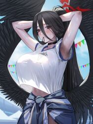 Rule 34 | 1girl, adjusting hair, armpits, arms behind head, arms up, bare arms, black choker, black hair, black wings, blue archive, blue jacket, blue sky, blurry, blurry background, blush, breasts, choker, closed mouth, clothes around waist, cloud, commentary request, cowboy shot, hair between eyes, hair tie in mouth, halo, hands in hair, hasumi (blue archive), hasumi (track) (blue archive), highres, huge breasts, jacket, jacket around waist, long hair, looking at viewer, low wings, midriff peek, mixed-language commentary, mole, mole under eye, mouth hold, official alternate costume, outdoors, ponytail, red eyes, red halo, shirt, shirt overhang, short sleeves, sky, solo, sweat, track jacket, very long hair, wet, white shirt, wings, zig90