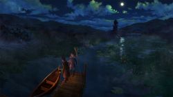 Rule 34 | 1boy, 1girl, blonde hair, blue eyes, blue skirt, boat, boots, broom, dock, full moon, holding, holding broom, holding lantern, kai sei, looking at another, looking away, looking down, medium hair, moon, night, night sky, original, parted lips, scenery, skirt, sky, smile, twintails, watercraft