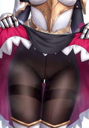 Rule 34 | 1girl, absurdres, armor, bar censor, black pantyhose, boobplate, breastplate, censored, clothes lift, genshin impact, highres, jc shikikan, lifting own clothes, lower body, no panties, noelle (genshin impact), pantyhose, pointless censoring, simple background, skirt, skirt lift, solo, sweat, upskirt, white background