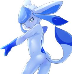 Rule 34 | 1girl, ass, blue eyes, blue hair, bright pupils, canopus335, creatures (company), female focus, from behind, furry, game freak, gen 4 pokemon, glaceon, looking at viewer, looking back, nintendo, nude, open mouth, personification, pokemon, sidelocks, simple background, solo, tail, white background, white pupils