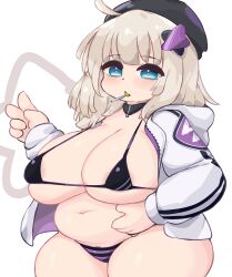 Rule 34 | 1girl, aa-12 (girls&#039; frontline), absurdres, ahoge, areola slip, bags under eyes, belly grab, beret, blonde hair, blue eyes, blunt bangs, breasts, cleavage, commission, eigetsu, female pubic hair, girls&#039; frontline, hands on own stomach, hat, highres, hood, hoodie, huge breasts, large breasts, navel, panties, pixiv commission, plump, pubic hair, skindentation, solo, striped clothes, striped panties, thick thighs, thighs, underwear