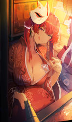 Rule 34 | 1girl, :q, absurdres, breasts, cleavage, collarbone, earrings, fish, fox mask, heterochromia, highres, hololive, houshou marine, japanese clothes, jewelry, kimono, large breasts, looking at viewer, mask, mask on head, n8 (buse1601), red hair, smile, tongue, tongue out, virtual youtuber, yukata