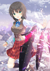 Rule 34 | 1girl, absurdres, aiyan, aoi erika, battle, black hair, black socks, blue bow, blue bowtie, blush, bow, bowtie, breasts, brown footwear, brown vest, cloud, collared shirt, commentary request, eyelashes, eyes visible through hair, fighting stance, floating hair, green eyes, grey sky, hair between eyes, heaven burns red, highres, large breasts, light particles, loafers, long sleeves, looking at viewer, open hand, open mouth, outdoors, outstretched arm, plaid, plaid skirt, pleated skirt, red skirt, school uniform, shirt, shoes, short hair, skirt, sky, socks, solo, sparks, standing, standing on one leg, straight hair, v-shaped eyebrows, vest, weapon, white shirt