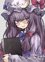 Rule 34 | 1girl, blush, book, crescent, crescent hat ornament, deal360acv, dress, glasses, hat, hat ornament, highres, holding, holding book, long hair, long sleeves, looking at viewer, mob cap, open mouth, patchouli knowledge, purple dress, purple eyes, purple hair, purple hat, simple background, solo, touhou, upper body