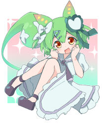 Rule 34 | 1girl, blush, bow, dress, full body, green hair, hair bow, highres, knees up, long hair, looking at viewer, low ponytail, open mouth, sailor collar, sechin, shoes, smile, solo, sparkle, very long hair, voicevox, yellow eyes, zundamon