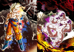 Rule 34 | 2boys, angry, blonde hair, blood, blood on face, bruise, clenched hands, clenched teeth, closed mouth, dragon ball, dragonball z, floating, frieza, full body, injury, male focus, mattari illust, multiple boys, muscular, son goku, super saiyan, super saiyan 1, tail, teeth, torn, torn clothes