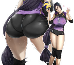 Rule 34 | 1girl, alternate costume, ass, ass focus, ball, blouse, blush, breasts, covered erect nipples, fate/grand order, fate (series), from behind, highres, holding, holding ball, huge ass, large breasts, long hair, minamoto no raikou (fate), pantylines, parted bangs, playing sports, purple eyes, purple hair, shibekawa 081, shiny clothes, shiny skin, shirt, short shorts, shorts, simple background, sleeveless, sleeveless shirt, smile, solo, sweat, very long hair, volleyball, volleyball (object), white background