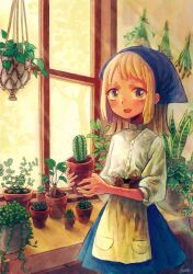 Rule 34 | 1girl, absurdres, apron, blonde hair, blush, cactus, hanging plant, head scarf, highres, holding, holding plant, light rays, long hair, looking at viewer, naname (7name), open mouth, original, plant, potted plant, shirt tucked in, skirt, smile, solo, succulent plant, sunlight, waist apron, window