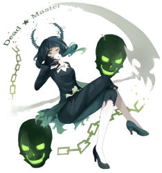 Rule 34 | 10s, :p, black hair, black rock shooter, chain, dead master, green eyes, crossed legs, long hair, no.70, scythe, sitting, skull, smile, solo, tongue, tongue out