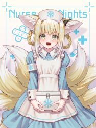 Rule 34 | 1girl, :d, alternate costume, animal ear fluff, animal ears, apron, arknights, armband, blonde hair, blue dress, blush, braid, collared dress, commentary, dress, earpiece, fox ears, fox tail, frilled apron, frills, green eyes, highres, holding, kitsune, kyuubi, long sleeves, looking at viewer, medium dress, multicolored hair, multiple tails, nurse, open mouth, puffy long sleeves, puffy sleeves, short hair, smile, solo, suzuran (arknights), tail, tanagawa makoto, twin braids, two-tone hair, white apron, white armband, white hair