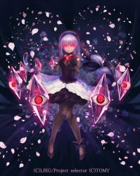 Rule 34 | 10s, 1girl, alfou (wixoss), black dress, black gloves, black hair, black pantyhose, braid, breasts, cleavage, dqn (dqnww), dress, gem, gloves, glowing, glowing eyes, hairband, heart, long hair, looking at viewer, multicolored hair, official art, overskirt, pantyhose, petals, red eyes, see-through, silver hair, solo, two-tone hair, very long hair, wixoss