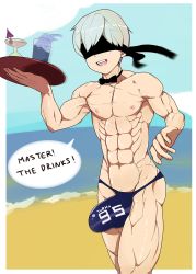 Rule 34 | 1boy, abs, beach, black bow, black bowtie, blindfold, blue male swimwear, bow, bowtie, bulge, character name, covered eyes, english text, facing viewer, holding, holding tray, lostanemone, male focus, male swimwear, male swimwear writing, muscular, muscular male, nier:automata, nier (series), nipples, open mouth, pectorals, smile, solo, speech bubble, swimsuit, swimsuit writing, teeth, thong, tray, upper teeth only, white hair, 9s (nier:automata)