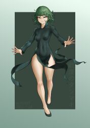 Rule 34 | 1girl, absurdres, artist name, black background, black dress, black footwear, breasts, covered navel, dated, dress, full body, gogo (gogo 23), green hair, grey background, highres, long sleeves, one-punch man, short hair, small breasts, smile, solo, tatsumaki, teeth, translation request