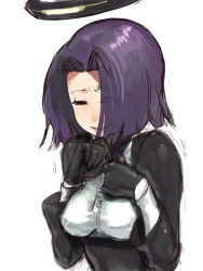 Rule 34 | 10s, 1girl, black gloves, gloves, halo, hand on own chin, hands on own chest, kantai collection, laughing, lips, mechanical halo, purple hair, purple ribbon, ribbon, simple background, smile, snicker, solo, tatsuta (kancolle), tetuhei, trembling, white background