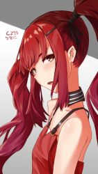 Rule 34 | 1girl, bare arms, bare shoulders, blush, character name, choker, collarbone, cz75 (girls&#039; frontline), from side, girls&#039; frontline, gradient background, hair ornament, hair tubes, hairclip, half-closed eyes, head tilt, heki hana, highres, long hair, looking at viewer, open mouth, pants, red eyes, red hair, sidelocks, signature, simple background, sleeveless, solo, standing, strap, tank top, twintails