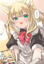 Rule 34 | 1girl, :3, :d, animal ear fluff, animal ears, apron, blonde hair, blush, bow, bowtie, colored inner hair, fang, fox ears, fox girl, fox tail, frilled apron, frills, fuwafuwa-chan (kamiyoshi rika), green eyes, highres, holding, holding plate, kamiyoshi rika, long hair, looking at viewer, maid, maid apron, multicolored hair, open mouth, original, plate, red bow, smile, solo, speech bubble, tail, white apron, white hair