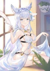 Rule 34 | 1girl, animal ears, bikini, blue eyes, blurry, blurry foreground, breasts, choker, cleavage, closed mouth, dress, feet out of frame, granblue fantasy, hair ornament, hanging plant, highres, holding, holding quill, korwa, korwa (summer) (granblue fantasy), lips, long hair, looking at viewer, medium breasts, navel, o-ring, o-ring bottom, quill, revealing clothes, shiromimin, sitting, skirt hold, smile, solo, star (symbol), star hair ornament, swimsuit, white bikini, white dress, window