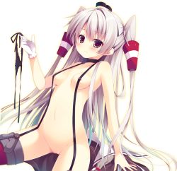Rule 34 | 10s, 1girl, amatsukaze (kancolle), black panties, blush, breasts, brown eyes, frown, garter straps, gloves, hair tubes, izumiyuhina, kadokawa shoten, kantai collection, long hair, looking at viewer, navel, no shirt, panties, panties around one finger, unworn panties, pussy, unworn shirt, side-tie panties, silver hair, simple background, small breasts, solo, thighhighs, twintails, two side up, uncensored, underwear, untied panties, white background