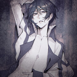Rule 34 | 1boy, arm up, collarbone, commentary, english commentary, hair between eyes, highres, jacket, kaito (vocaloid), long sleeves, looking at viewer, male focus, monochrome, open clothes, open jacket, parted lips, short hair, solo, soup dumplin, upper body, vocaloid