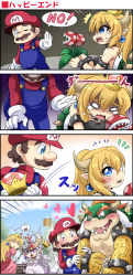 Rule 34 | 1boy, 3girls, 4koma, = =, ? block, ^^^, arm hug, armlet, attack, bare arms, bare shoulders, black collar, black dress, blank eyes, blocking, blonde hair, blood, blue eyes, blush, boo (mario), borrowed design, bowser, bowsette, bracelet, brown eyes, brown hair, claws, collar, comic, commentary request, crown, crying, crying with eyes open, day, dress, earrings, emphasis lines, empty eyes, facial hair, fang, geoduck, ghost, ghost tail, gloom (expression), gloves, green hair, hair between eyes, hat, heart, highres, holding, holding weapon, horns, jewelry, long hair, long sleeves, looking at another, mace, mario, mario (series), motion lines, multiple girls, mustache, new super mario bros. u deluxe, nintendo, no, one eye closed, open mouth, outdoors, overalls, pink dress, piranha plant, pointy ears, ponytail, princess king boo, princess peach, puffy short sleeves, puffy sleeves, purple eyes, rejection, scales, sekiguchi miiru, shaded face, sharp teeth, short sleeves, smile, sparkle, spiked armlet, spiked bracelet, spiked collar, spiked mace, spiked shell, spikes, strapless, strapless dress, super crown, sweater, tears, teeth, turtle shell, weapon, white dress