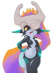 Rule 34 | 1girl, 3d rod!, breasts, colored sclera, colored skin, fang, grey skin, hands on own hips, headpiece, midna, multicolored hair, navel, neon trim, nintendo, one eye covered, orange hair, pointy ears, purple hair, red eyes, simple background, small breasts, solo, the legend of zelda, the legend of zelda: twilight princess, thigh gap, tongue, tongue out, white background, wide hips, yellow sclera