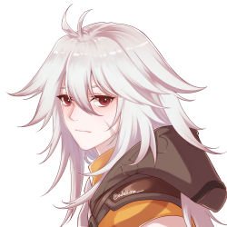 Rule 34 | 1boy, antenna hair, brill p, closed mouth, genshin impact, grey hair, hair between eyes, highres, hood, hood up, long hair, looking at viewer, male focus, razor (genshin impact), red eyes, scar, scar on face, simple background, solo, twinte, white background