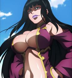 Rule 34 | 10s, 1girl, bare shoulders, black hair, blue eyes, blue sky, breasts, cleavage, cloud, from below, fuuun ishin dai shogun, highres, houkouin, large breasts, lips, lipstick, long hair, navel, screencap, solo, standing, stitched, third-party edit