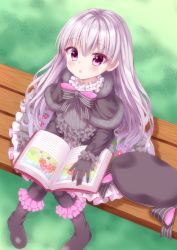 Rule 34 | 10s, 1girl, :o, absurdres, beret, black bow, black capelet, black dress, black footwear, black gloves, black hat, blush, book, boots, bow, capelet, commentary request, dress, fate/extra, fate (series), frilled dress, frills, fur-trimmed capelet, fur trim, gloves, gothic lolita, hair between eyes, hakuto momiji, hat, heart, heart in eye, highres, knee boots, lolita fashion, long hair, looking at viewer, nursery rhyme (fate), open book, pantyhose, parted lips, pigeon-toed, purple eyes, silver hair, solo, striped, striped bow, symbol in eye, unworn hat, unworn headwear, very long hair