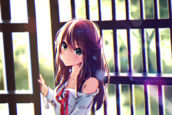 Rule 34 | 1girl, artist name, backlighting, bloom, blurry, blurry background, buttons, chromatic aberration, closed mouth, collarbone, day, depth of field, eyebrows, gate, green eyes, head tilt, highres, hyanna-natsu, lens flare, light particles, light rays, long hair, long sleeves, looking at viewer, off shoulder, open gate, original, purple hair, red ribbon, ribbon, shirt, sleeve cuffs, smile, solo, sunlight, tareme, tree, upper body, white shirt
