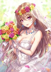 Rule 34 | 1girl, ahoge, bouquet, breasts, bridal veil, bride, brown hair, cleavage, commentary request, covered navel, dress, earrings, flower, hair between eyes, head wreath, highres, holding, holding bouquet, jewelry, large breasts, long hair, looking at viewer, necklace, original, petals, purple eyes, sakiyamama, solo, veil, wedding dress