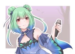Rule 34 | 1girl, bare shoulders, blue sleeves, bow, cleavage cutout, closed mouth, clothing cutout, detached sleeves, disco brando, double bun, flat chest, green hair, hair between eyes, hair bow, hair bun, hair ornament, hair ribbon, holding, holding microphone, hololive, looking at viewer, medium hair, microphone, red eyes, ribbon, skull collar, skull hair ornament, smile, solo, tree, upper body, uruha rushia, uruha rushia (1st costume), virtual youtuber, wide sleeves