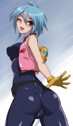 Rule 34 | 1girl, absurdres, allenby beardsley, ass, bare shoulders, belt, blue bodysuit, blue hair, blush, bodysuit, breasts, cameltoe, cropped jacket, from behind, g gundam, gloves, green eyes, gundam, harigane shinshi, highres, large breasts, looking at viewer, looking back, one eye closed, open mouth, shiny clothes, shiny skin, short hair, sideboob, skin tight, smile, solo, spandex