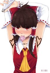 Rule 34 | 1girl, armpits, arms up, ascot, blunt bangs, blush, bow, breasts, brown hair, collared shirt, condom, condom in mouth, cream on body, detached sleeves, frilled bow, frilled hair tubes, frilled shirt collar, frills, hair bow, hair tubes, hakurei reimu, highres, looking at viewer, medium hair, mouth hold, nose blush, pastry bag, presenting armpit, red bow, red eyes, red shirt, ribbon-trimmed sleeves, ribbon trim, sarashi, shirt, shrinesmaiden, sidelocks, sleeveless, sleeveless shirt, small breasts, touhou, upper body, white sleeves, wide sleeves, yellow ascot
