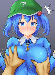 1girl ^^^ blue_hair blush breasts flat_cap front_ponytail grabbing_another&#039;s_breast green_hat groping hair_bobbles hair_ornament hat highres hinben kawashiro_nitori key large_breasts large_pectorals pectorals short_hair skirt surprised touhou twintails two_side_up upper_body